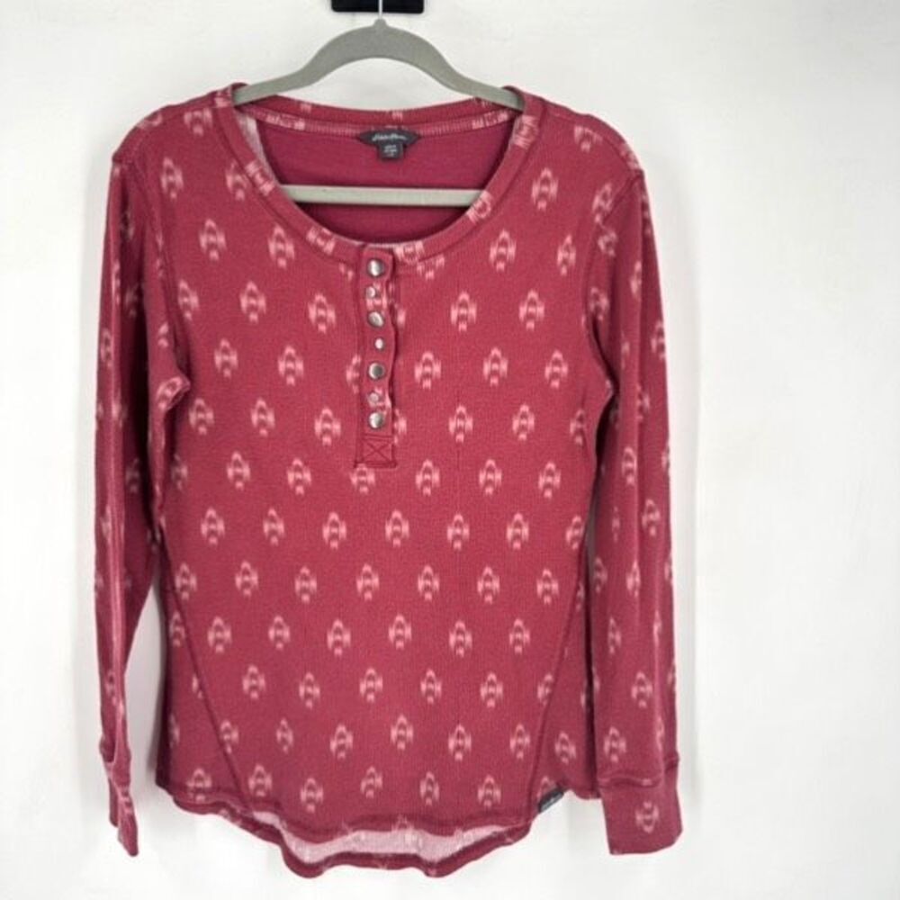 Eddie Bauer Women's‎ Printed Waffle Knit Long Sleeve Henley Top Red Large Ikat